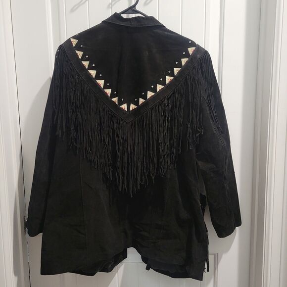 Black Western Suede Leather Fringe Jacket Embroidered Roamans Womens  Sz 18W - Picture 9 of 14
